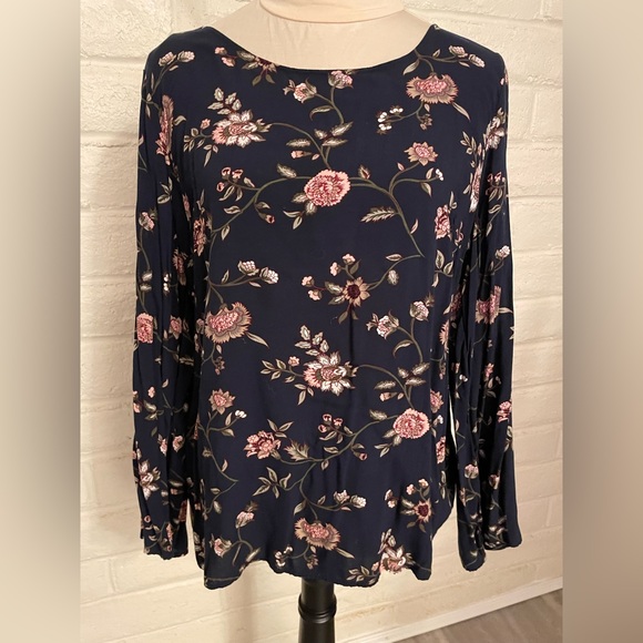 Faded Glory Navy with Pink Floral Design Long-sleeved Blouse, Sz XL - Picture 1 of 6
